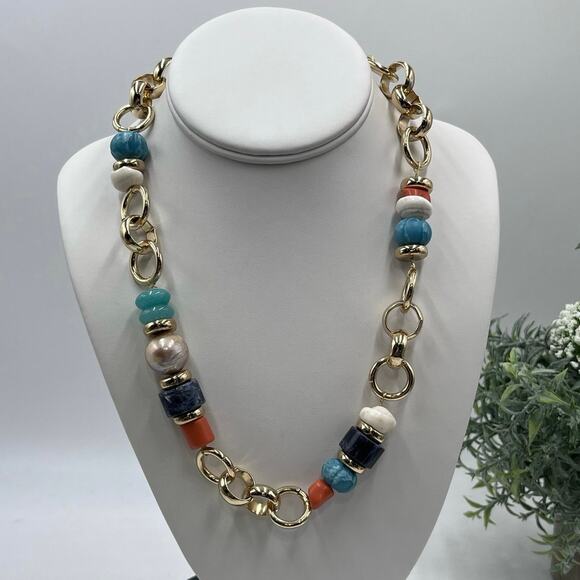 DANNIJO Multi Pearl Multi Color Beads Sodalite Quartz Gold Plated Chain Necklace